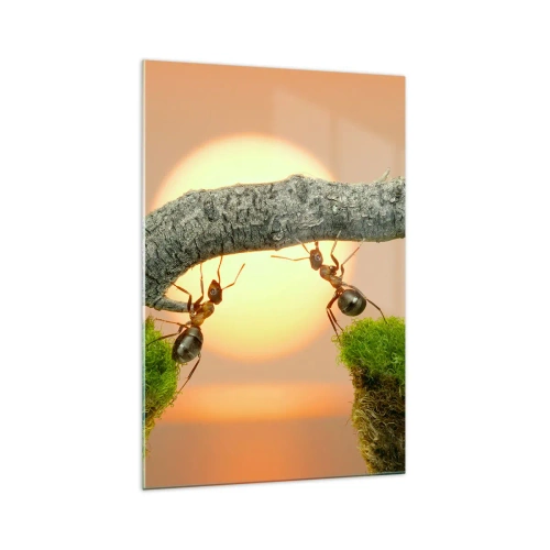 Cuadro sobre vidrio - Impresiones sobre Vidrio - Hormigas construyendo un puente de ramas con el sol poniente como telón de fondo. - 70x100cm - Trabajar juntos con alegría - Decoración de pared moderna para salón y dormitorio ARTTOR