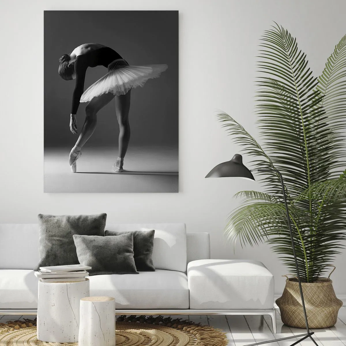 Cuadro sobre vidrio - Impresiones sobre Vidrio - Silueta en blanco y negro de una bailarina en una pose elegante. - 50x70cm - Bella bailarina - Decoración de pared moderna para salón y dormitorio ARTTOR