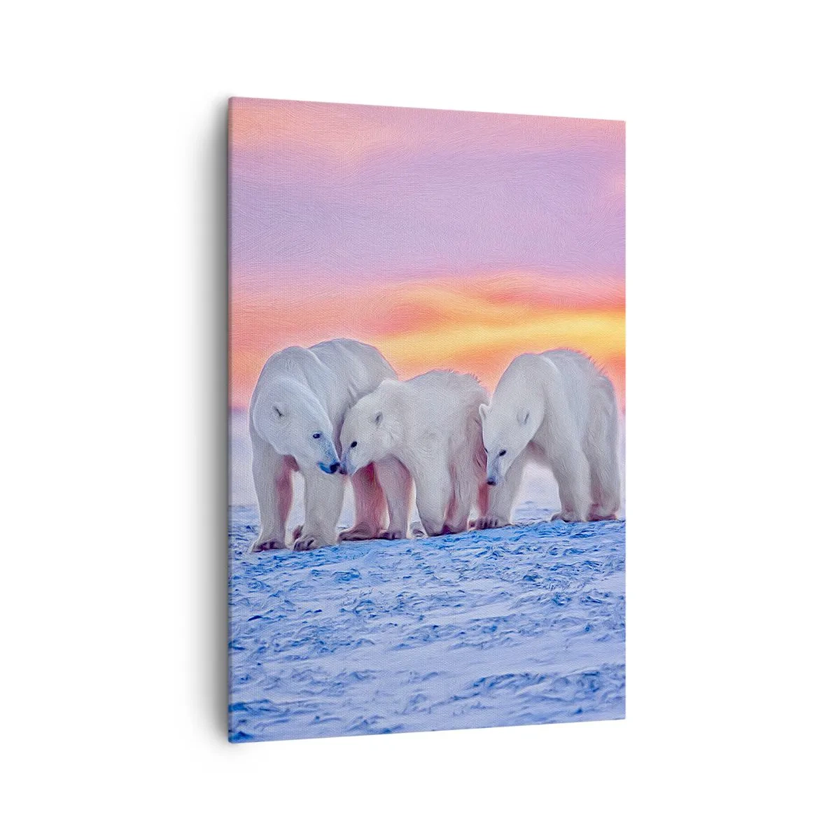 Cuadro sobre lienzo - Impresión de Imagen - Tres osos polares con el telón de fondo de una puesta de sol ártica. - 70x100cm - Todo lo que necesitas es el calor de la familia - Decoración de pared moderna para salón y dormitorio ARTTOR