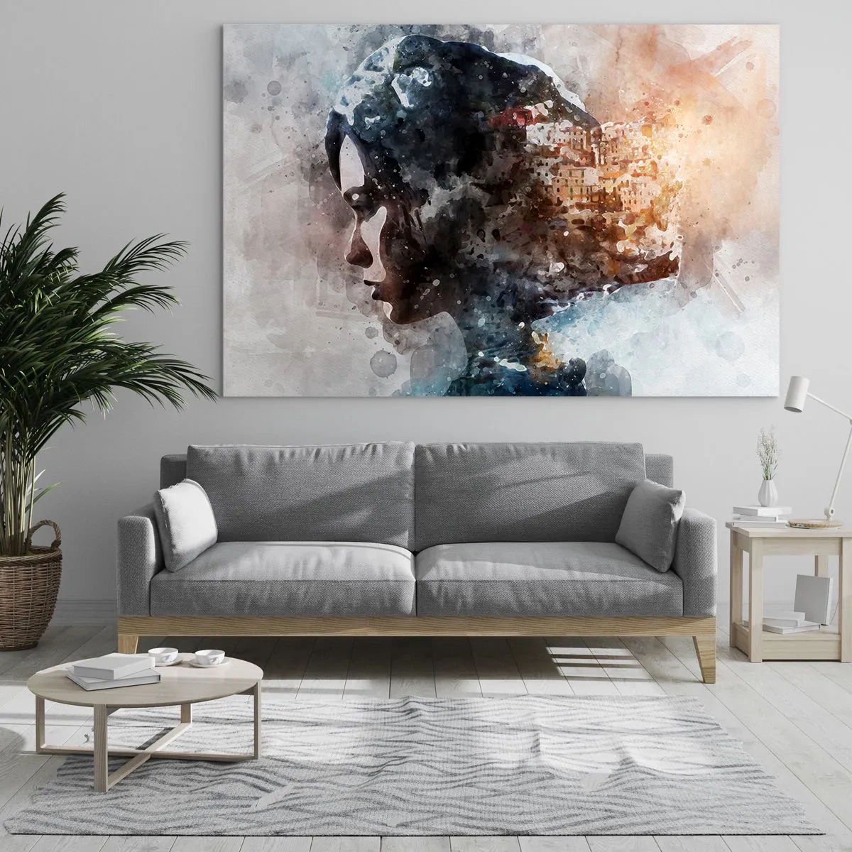 Cuadro sobre vidrio - Impresiones sobre Vidrio - Un perfil de mujer en estilo acuarela con una ciudad al fondo. - 70x50cm - Una historia sobre una niña con una ciudad de fondo - Decoración de pared moderna para salón y dormitorio ARTTOR