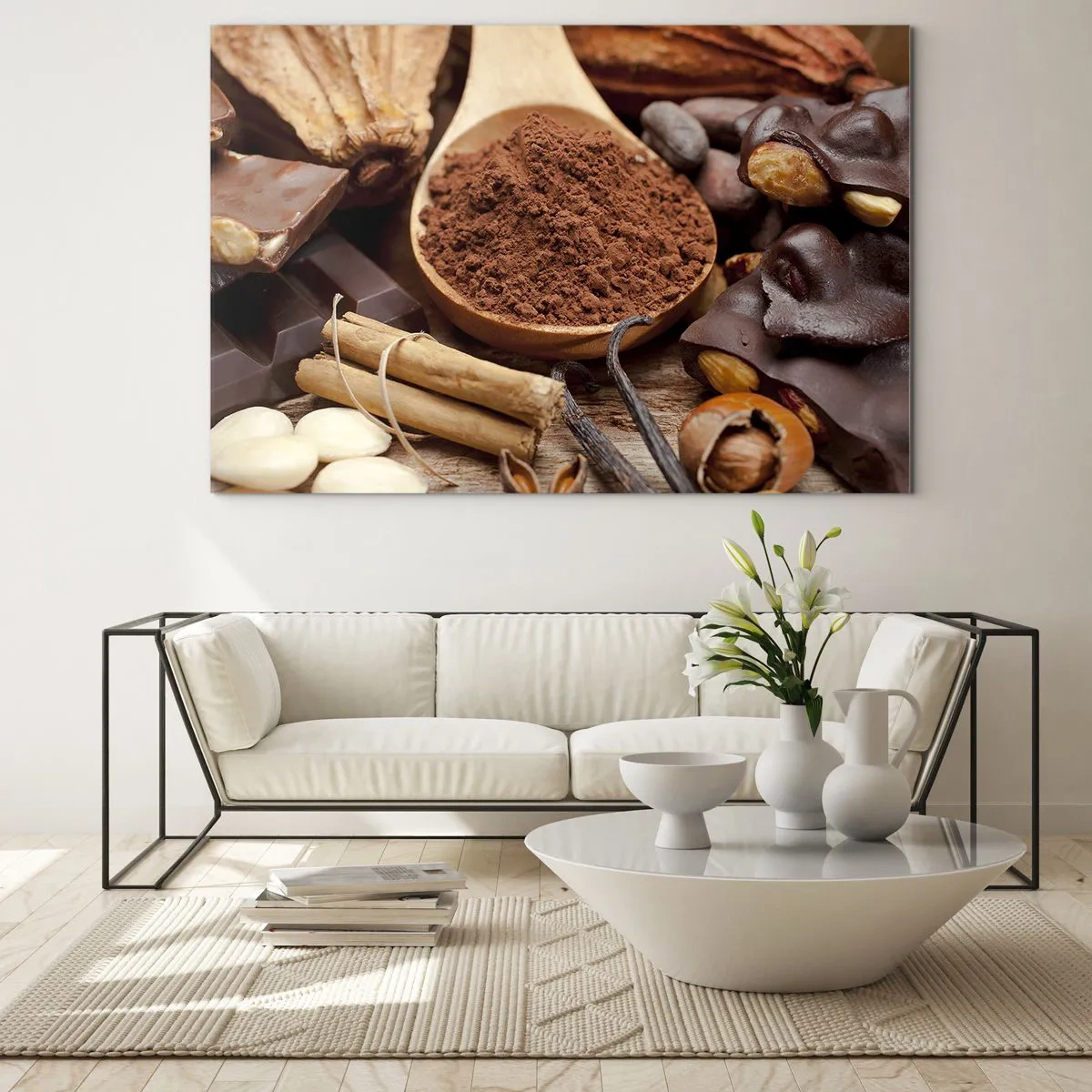 Cuadro sobre vidrio - Impresiones sobre Vidrio - Una cucharada de cacao rodeada de chocolate, especias y frutos secos. - 120x80cm - Lo mejor para las penas - Decoración de pared moderna para salón y dormitorio ARTTOR