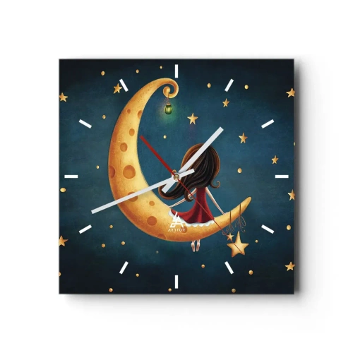 Reloj de pared - Reloj de vidrio - Una niña en la luna rodeada de estrellas. - 30x30cm - Érase una vez... - Decoración de pared moderna para salón y dormitorio ARTTOR