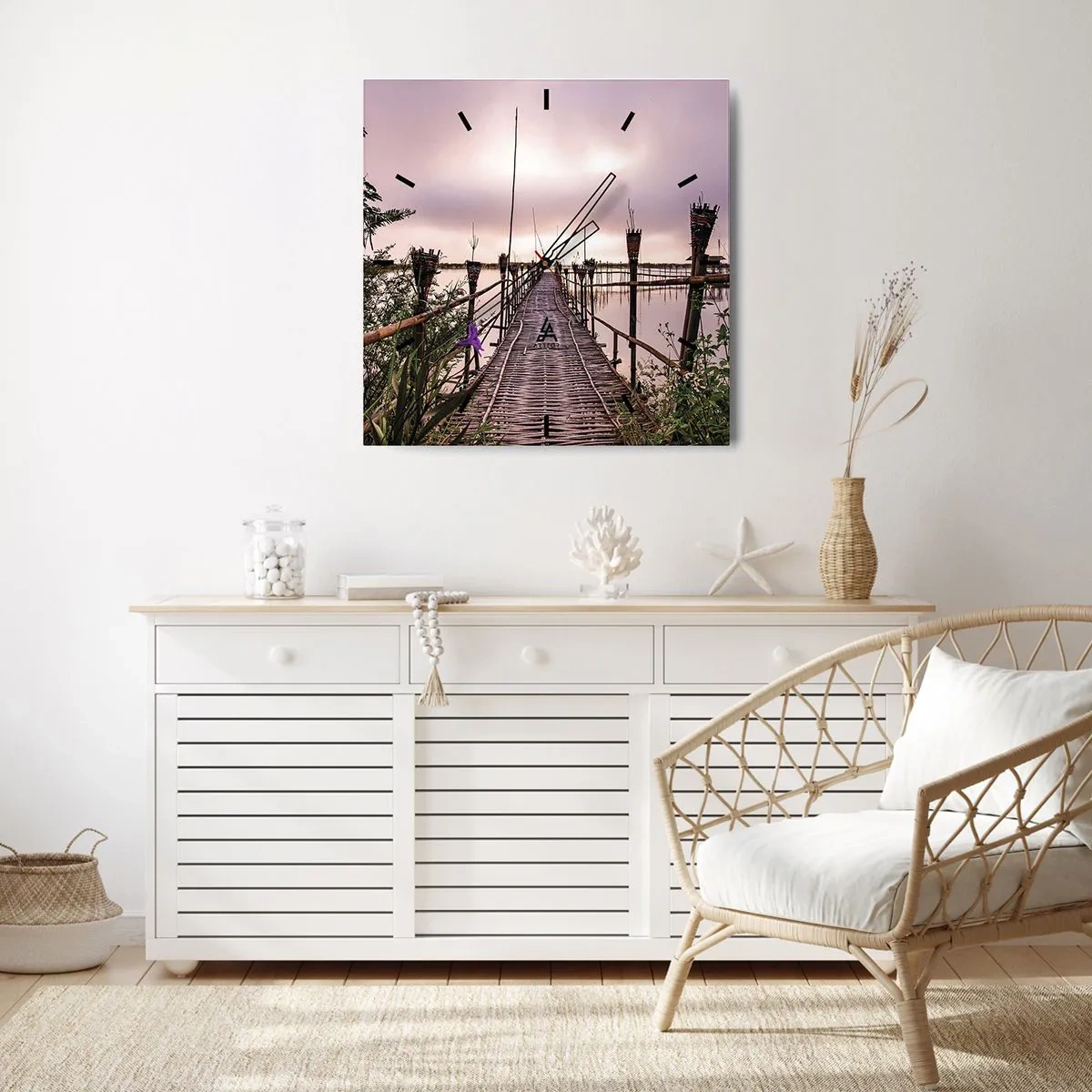 Reloj de pared - Reloj de vidrio - Puente de bambú sobre el agua al amanecer - 30x30cm - La tranquilidad de Asia - Decoración de pared moderna para salón y dormitorio ARTTOR