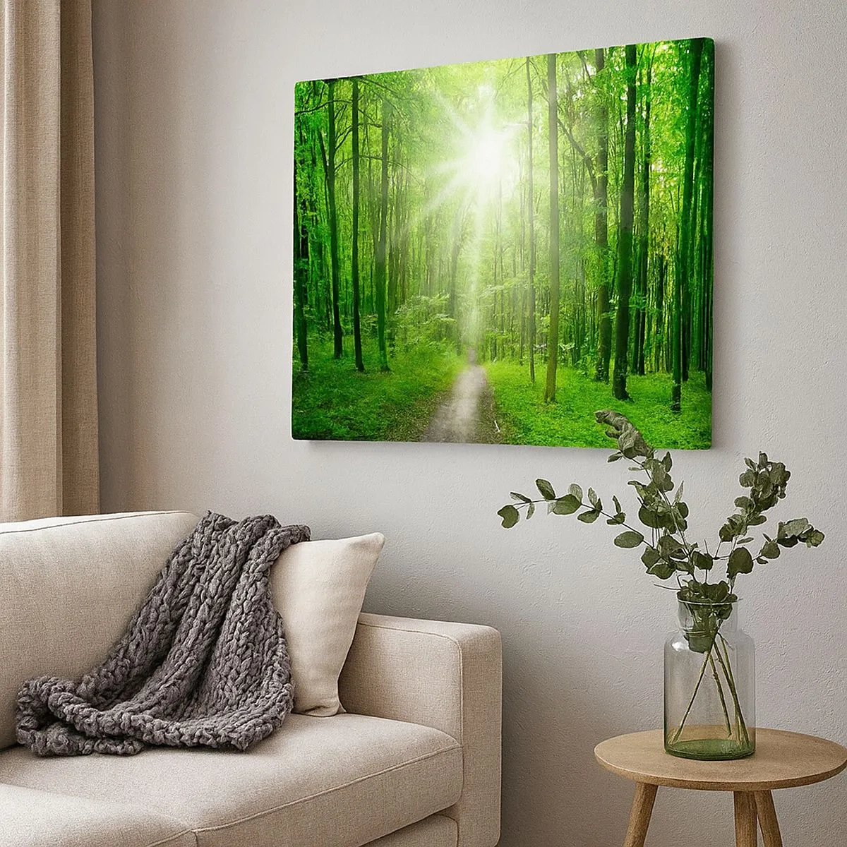 Cuadro sobre lienzo - Impresión de Imagen - Camino en el bosque con rayos de sol. - 70x50cm - Catedral verde - Decoración de pared moderna para salón y dormitorio ARTTOR