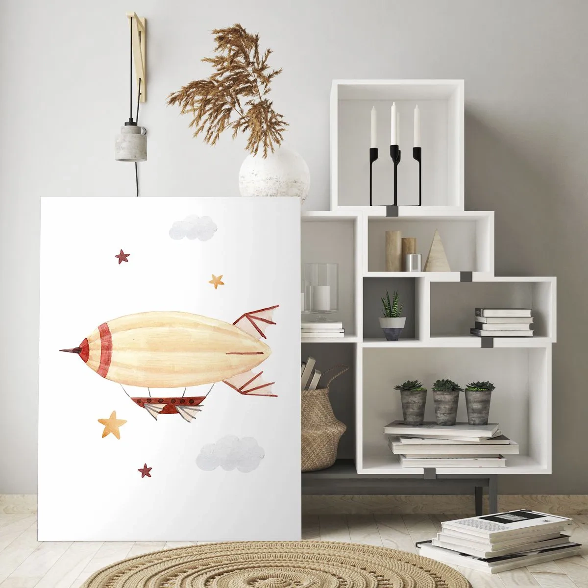 Cuadro sobre vidrio - Impresiones sobre Vidrio - Un dirigible de dibujos animados entre las estrellas sobre un fondo blanco. - 50x70cm - Dirigible - Decoración de pared moderna para salón y dormitorio ARTTOR