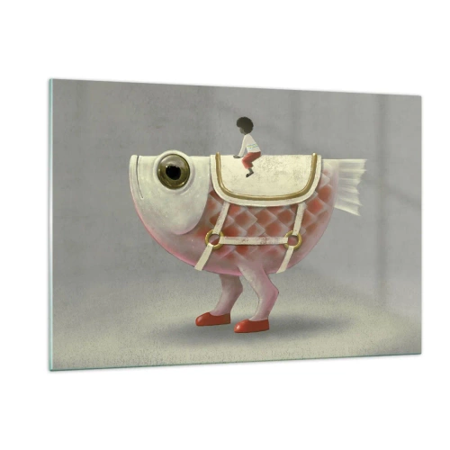 Cuadro sobre vidrio - Impresiones sobre Vidrio - Una figura montando un pez rosa con piernas y una silla de montar. - 120x80cm - Jinete del pescado - Decoración de pared moderna para salón y dormitorio ARTTOR