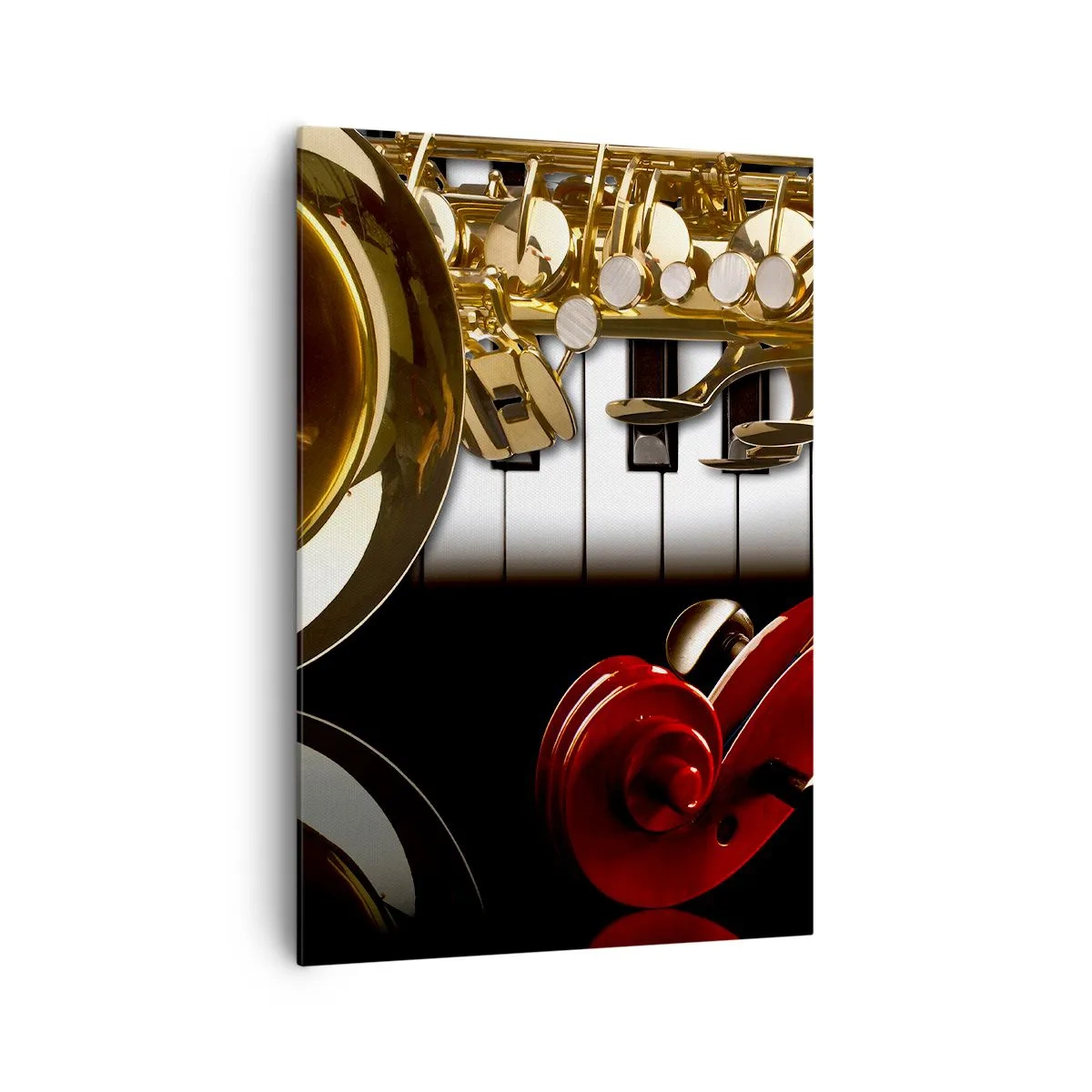 Cuadro sobre lienzo - Impresión de Imagen - Un saxofón dorado, teclas de piano y un violín rojo. - 70x100cm - Chapa, madera y marfil - Decoración de pared moderna para salón y dormitorio ARTTOR