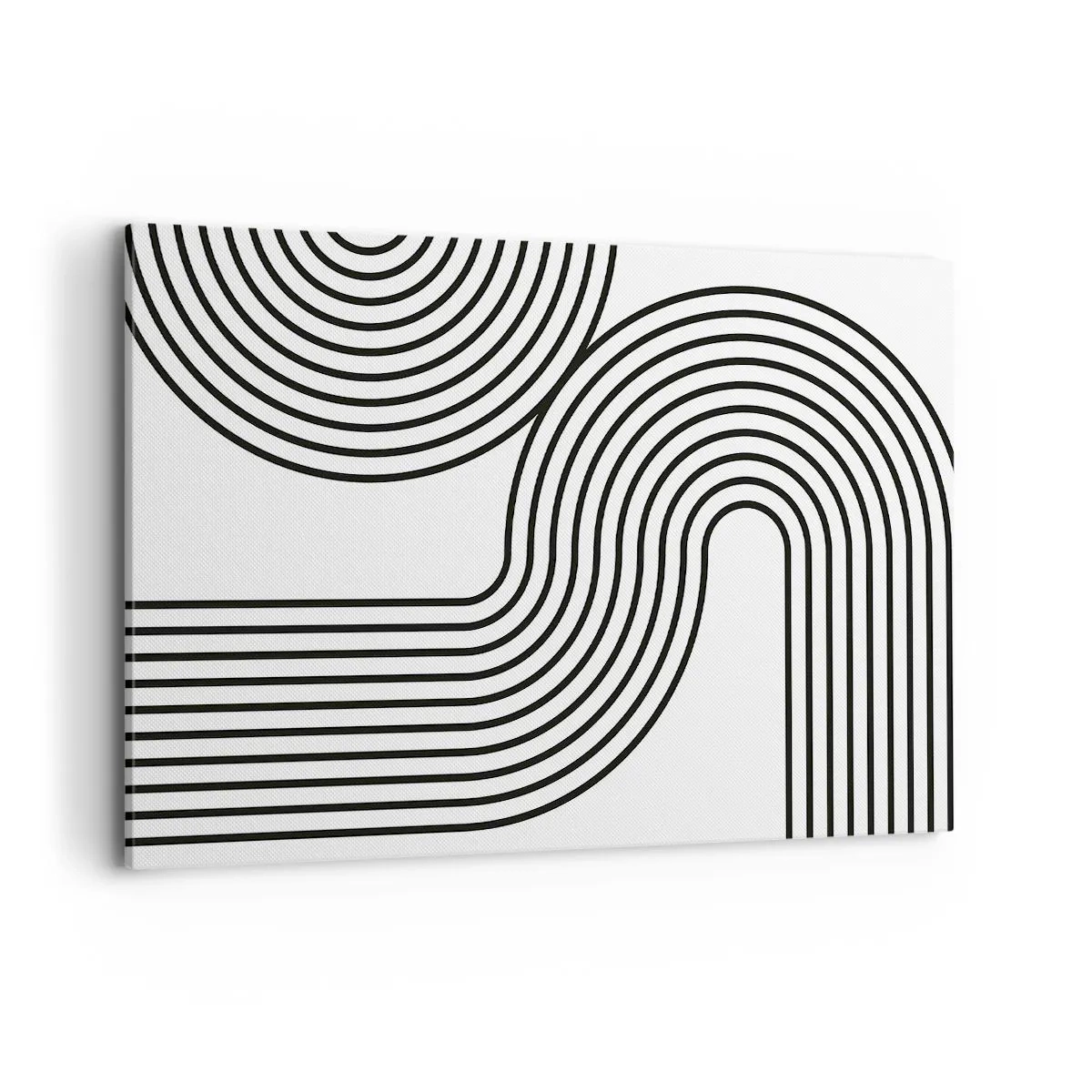 Cuadro sobre lienzo - Impresión de Imagen - Una pintura abstracta con líneas negras que crean patrones geométricos sobre un fondo blanco. - 120x80cm - En una curva - Decoración de pared moderna para salón y dormitorio ARTTOR