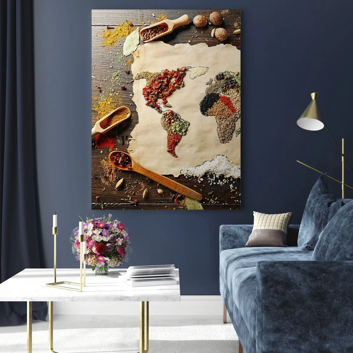 Cuadro sobre vidrio - Impresiones sobre Vidrio - Un mapa del mundo hecho con varias especias sobre un fondo rústico. - 50x70cm - Todos los sabores del mundo - Decoración de pared moderna para salón y dormitorio ARTTOR