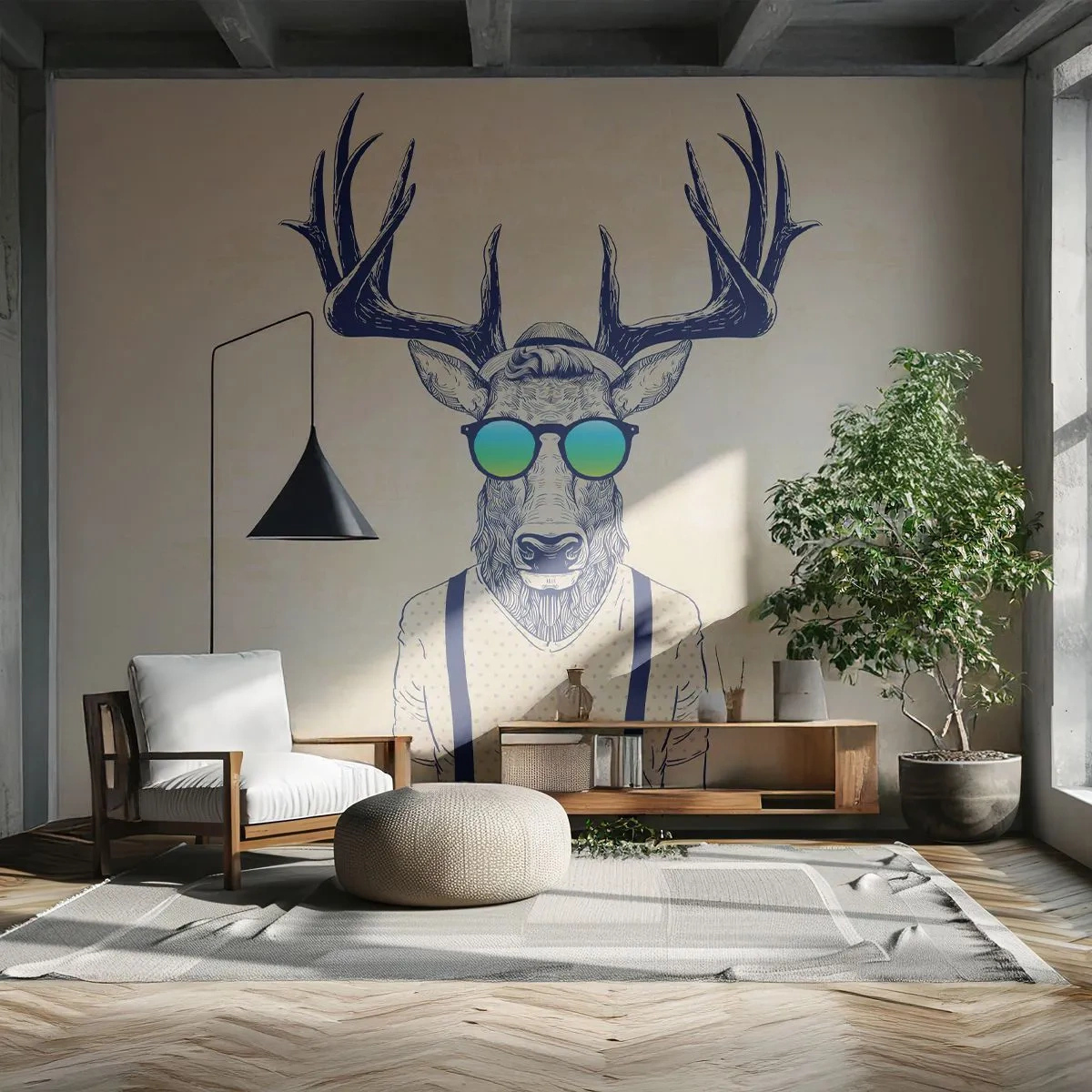 Fotomural Premium Sand - Ciervo hipster con gafas de sol y tirantes - 100x70cm - ¿Y a quién esperabas? - Decoración de pared moderna para salón y dormitorio ARTTOR