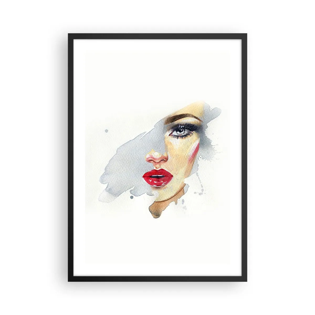 Póster en marco negro - Retrato en acuarela de una mujer con labios rojos. - 50x70cm - Reflejo en una gota de agua - Decoración de pared moderna para salón y dormitorio ARTTOR