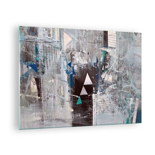 Cuadro sobre vidrio - Impresiones sobre Vidrio - Triángulos geométricos sobre el fondo de una composición abstracta en tonos de gris. - 70x50cm - El orden superior de los triángulos - Decoración de pared moderna para salón y dormitorio ARTTOR