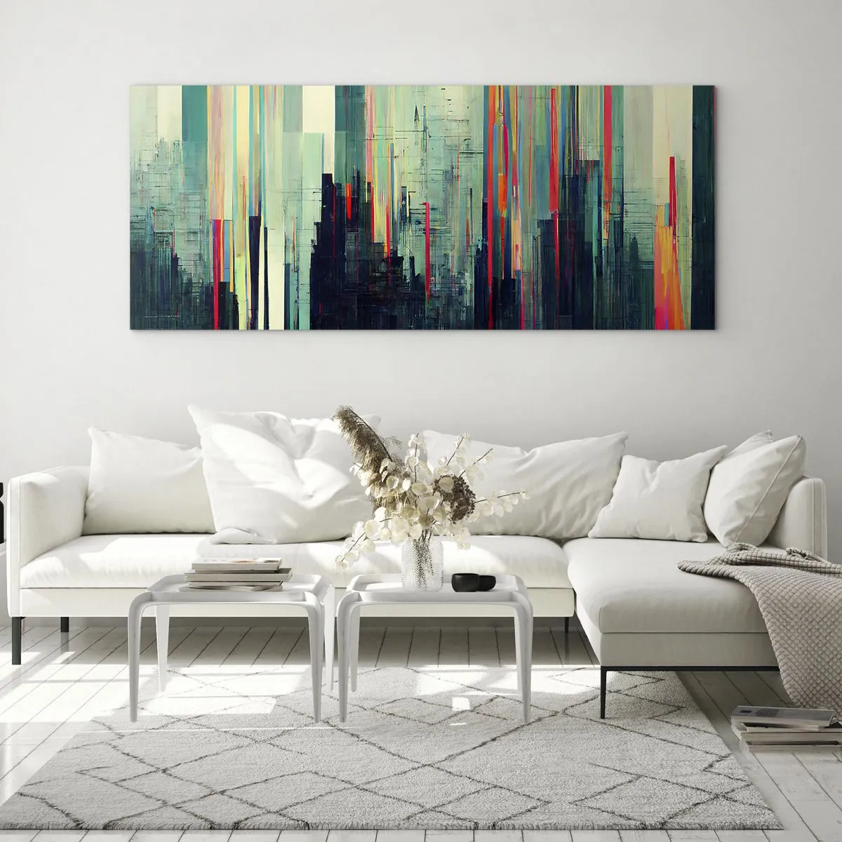 Cuadro sobre vidrio - Impresiones sobre Vidrio - Abstracción con líneas verticales y un horizonte de ciudad. - 120x50cm - Ciudad futurista - Decoración de pared moderna para salón y dormitorio ARTTOR
