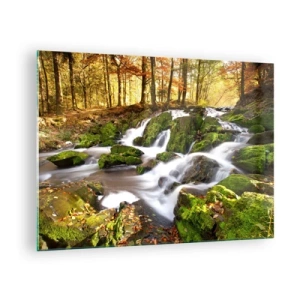 Cuadro sobre vidrio - Impresiones sobre Vidrio - Un arroyo forestal con cascadas en un paisaje otoñal. - 70x50cm - Atravesando el bosque otoñal - Decoración de pared moderna para salón y dormitorio ARTTOR