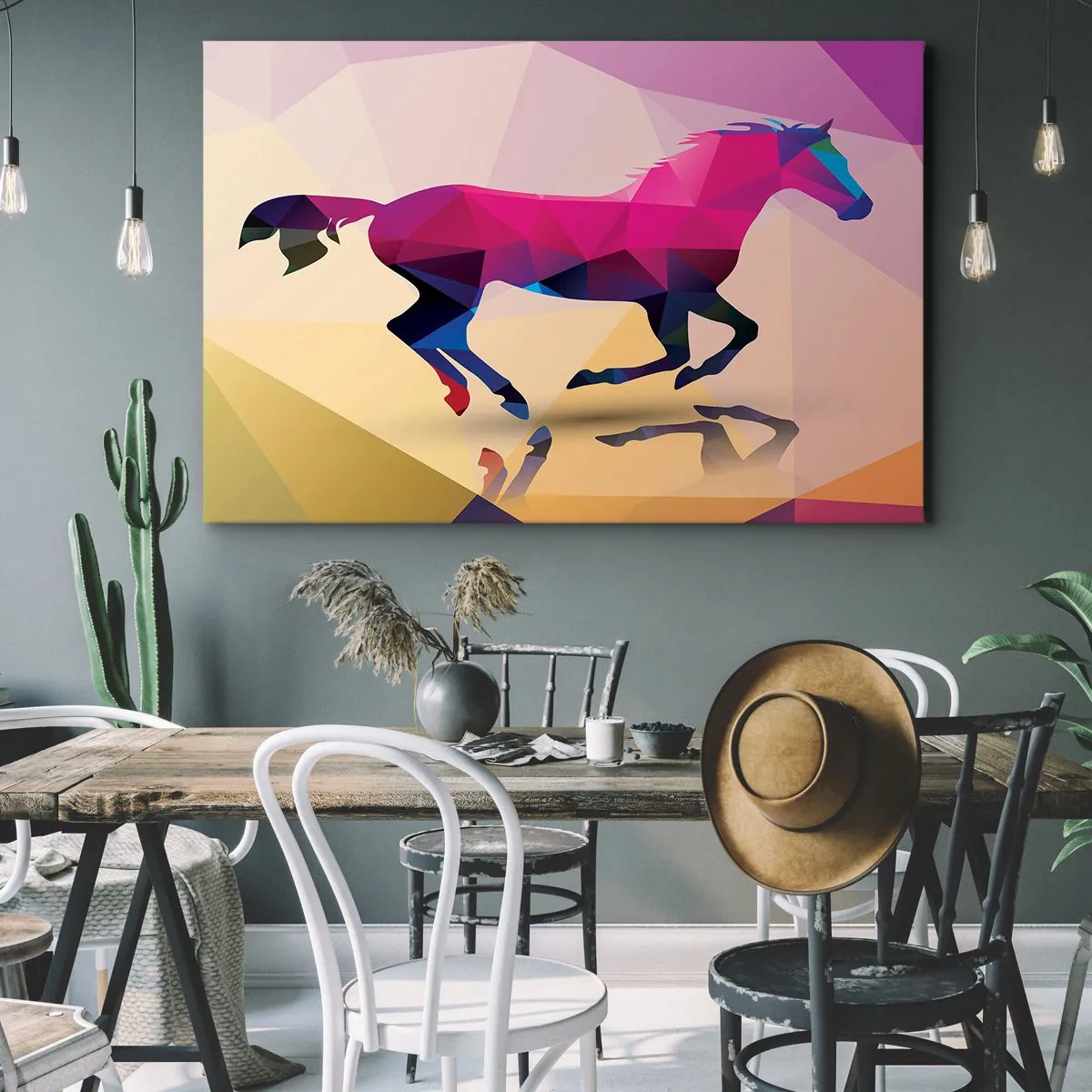 Cuadro sobre lienzo - Impresión de Imagen - Silueta geométrica de un caballo al galope en colores vibrantes. - 120x80cm - El cubismo sigue vivo - Decoración de pared moderna para salón y dormitorio ARTTOR