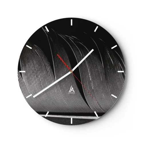 Reloj de pared - Reloj de vidrio - Primer plano de una pluma en blanco y negro contrastante. - 30x30cm - Pluma - una construcción maravillosa - Decoración de pared moderna para salón, cocina y dormitorio ARTTOR
