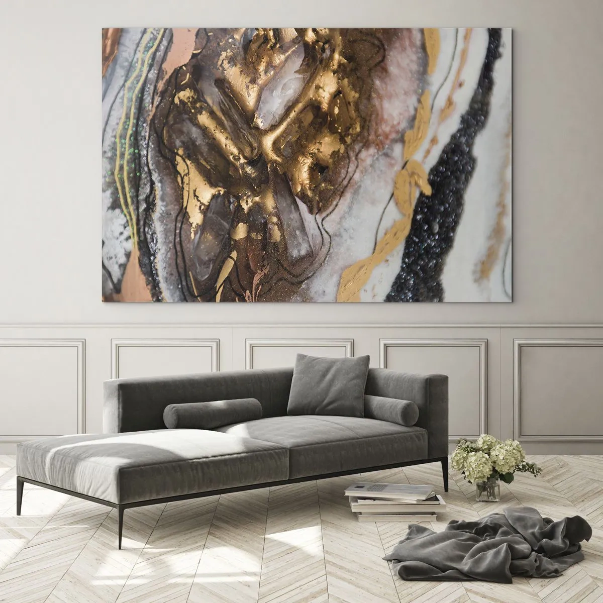 Cuadro sobre vidrio - Impresiones sobre Vidrio - Una pintura abstracta en tonos dorados, marrones y blancos con una textura mineral. - 70x50cm - Elemento de la tierra - Decoración de pared moderna para salón y dormitorio ARTTOR