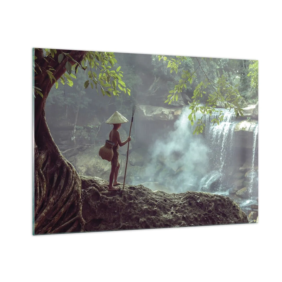 Cuadro sobre vidrio - Impresiones sobre Vidrio - Un niño con una lanza en una cascada en la selva tropical. - 100x70cm - Amistad con la naturaleza - Decoración de pared moderna para salón y dormitorio ARTTOR