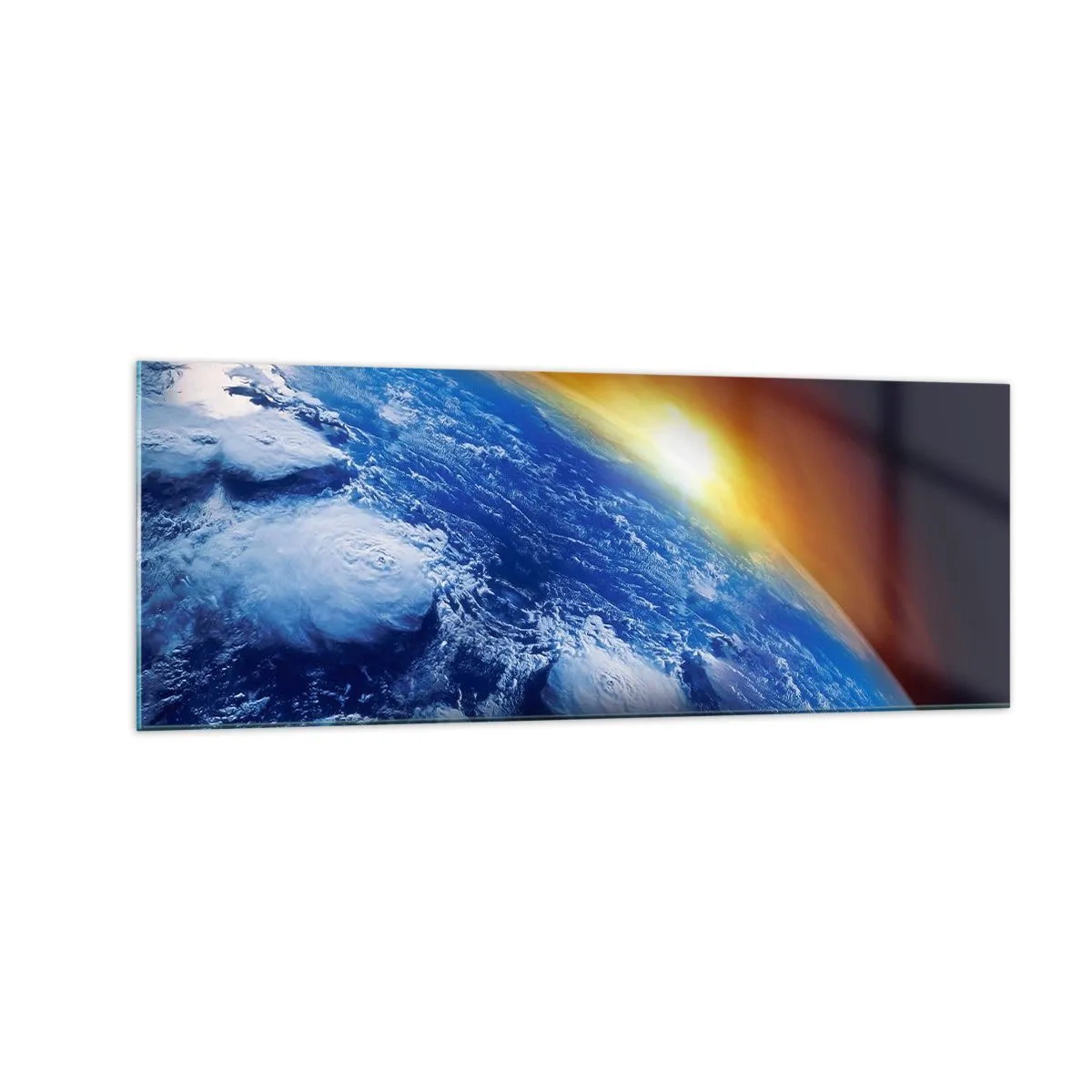 Cuadro sobre vidrio - Impresiones sobre Vidrio - Vista de la Tierra desde el espacio al atardecer - 140x50cm - Amanecer en un planeta azul - Decoración de pared moderna para salón y dormitorio ARTTOR