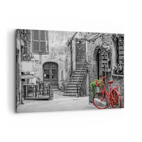 Cuadro sobre lienzo - Impresión de Imagen - Una bicicleta roja en una calle en blanco y negro. - 100x70cm - Callejón de la Toscana - Decoración de pared moderna para salón y dormitorio ARTTOR