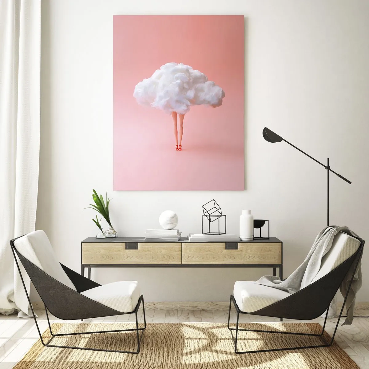 Cuadro sobre vidrio - Impresiones sobre Vidrio - Figura de una mujer con una nube en lugar de un vestido sobre un fondo rosa pastel. - 50x70cm - Dulce promesa - Decoración de pared moderna para salón y dormitorio ARTTOR