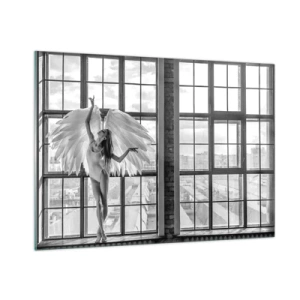 Cuadro sobre vidrio - Impresiones sobre Vidrio - Bailarina con alas de ángel en blanco y negro - 100x70cm - ¿Ciudad de los ángeles? - Decoración de pared moderna para salón y dormitorio ARTTOR