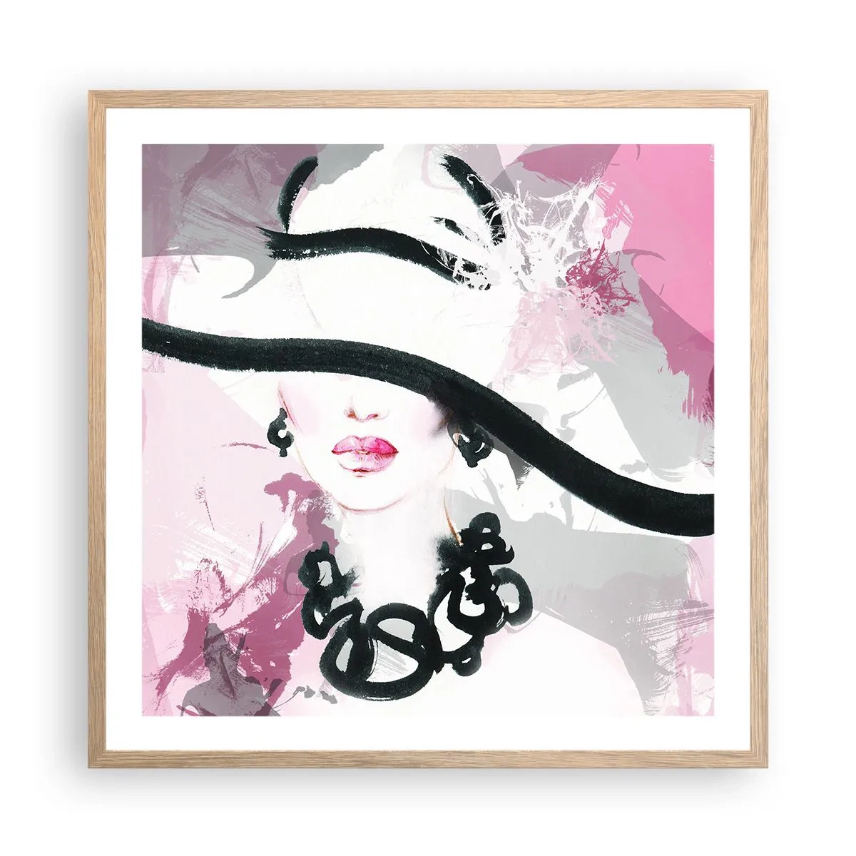 Póster en marco roble claro - Retrato de una dama en negro y rosa - 60x60 cm