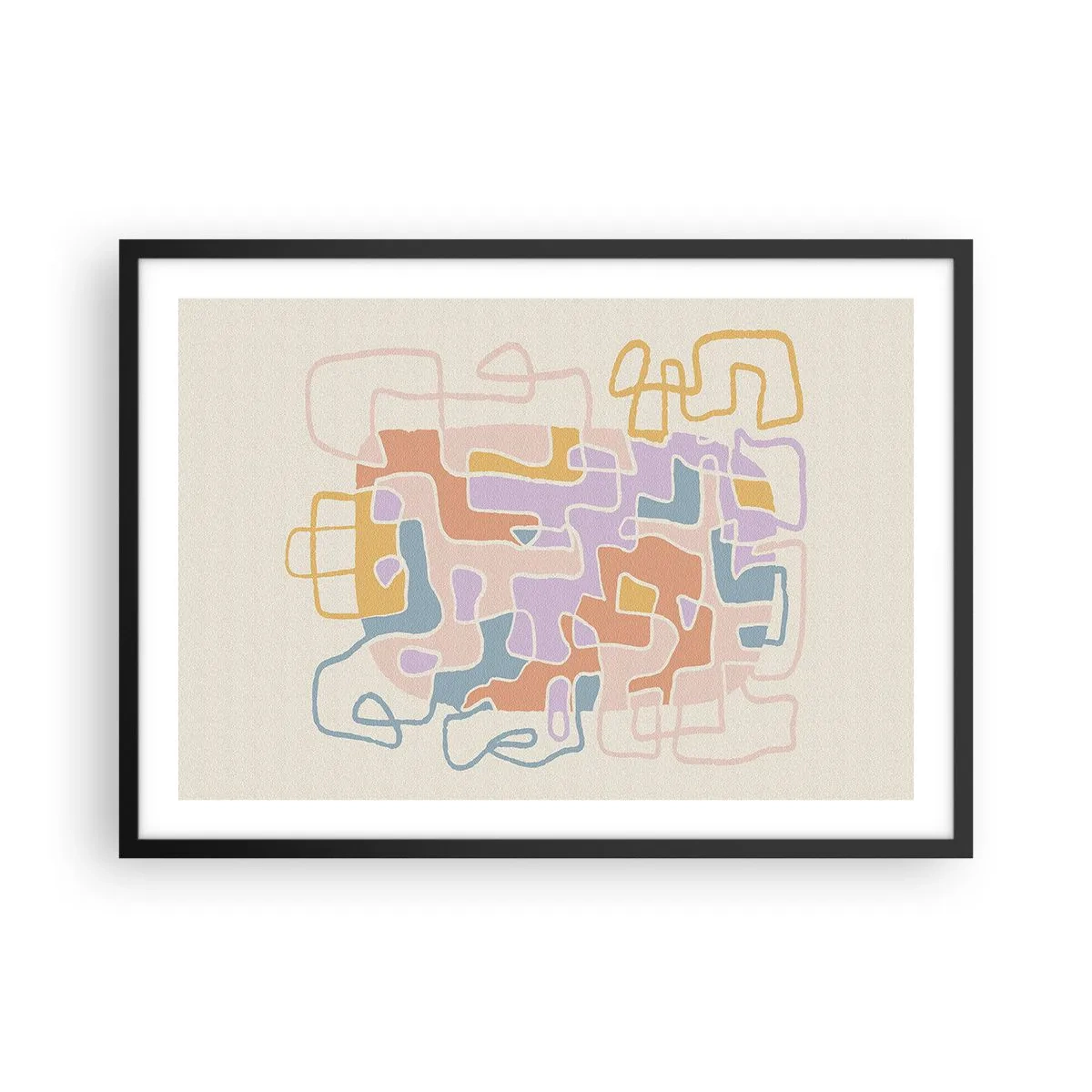 Póster en marco negro - Líneas abstractas pastel que crean patrones geométricos. - 70x50cm - Laberinto - una alegre aventura - Decoración de pared moderna para salón y dormitorio ARTTOR