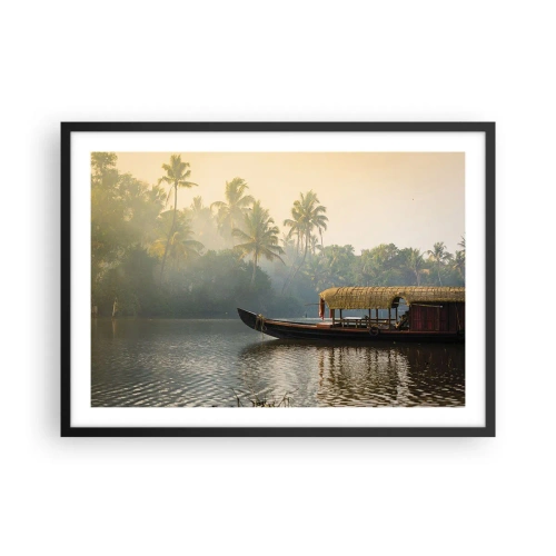 Póster en marco negro - Un barco tradicional en un río tranquilo entre palmeras. - 70x50cm - Casa en el río - Decoración de pared moderna para salón y dormitorio ARTTOR