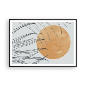 Póster en marco negro - Hojas de hierba abstractas contra el fondo de un gran sol naranja - 100x70cm - Siempre hacia el sol - Decoración de pared moderna para salón y dormitorio ARTTOR