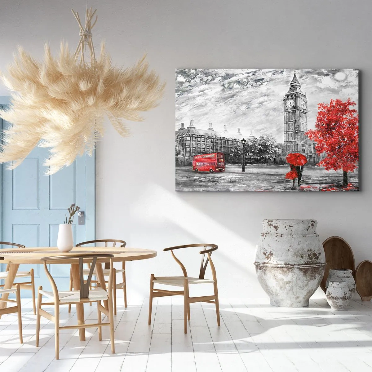 Cuadro sobre lienzo - Impresión de Imagen - Vista icónica de Londres con el Big Ben, un autobús rojo y un paraguas. - 70x50cm - Un día emocionante - Decoración de pared moderna para salón y dormitorio ARTTOR