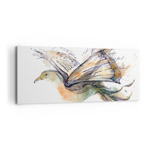 Cuadro sobre lienzo - Impresión de Imagen - Pintura artística de acuarela de un pájaro con un libro como alas. - 120x50cm - En las alas de la poesía - Decoración de pared moderna para salón y dormitorio ARTTOR