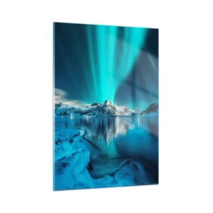 Cuadro sobre vidrio - Impresiones sobre Vidrio - Aurora boreal sobre las montañas nevadas - 50x70cm - Una noche de luz - Decoración de pared moderna para salón y dormitorio ARTTOR
