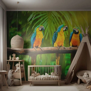 Fotomural Premium Sand - Tres loros guacamayos coloridos en una rama en un bosque tropical - 100x70cm - ¿Y has oído que ella...? - Decoración de pared moderna para salón y dormitorio ARTTOR