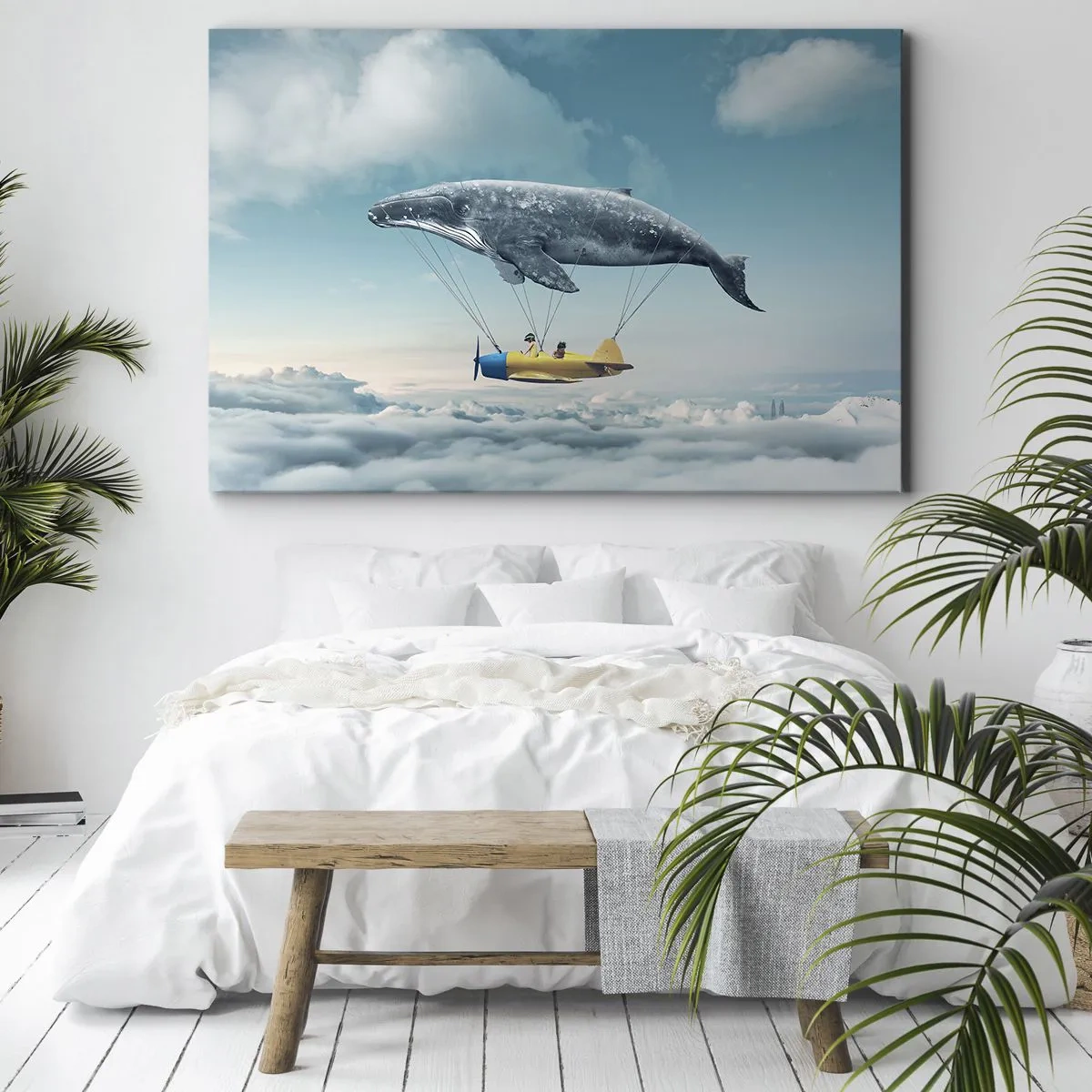 Cuadro sobre lienzo - Impresión de Imagen - Una ballena voladora transporta un avión en un entorno surrealista. - 70x50cm - ¿Por qué no? - Decoración de pared moderna para salón y dormitorio ARTTOR