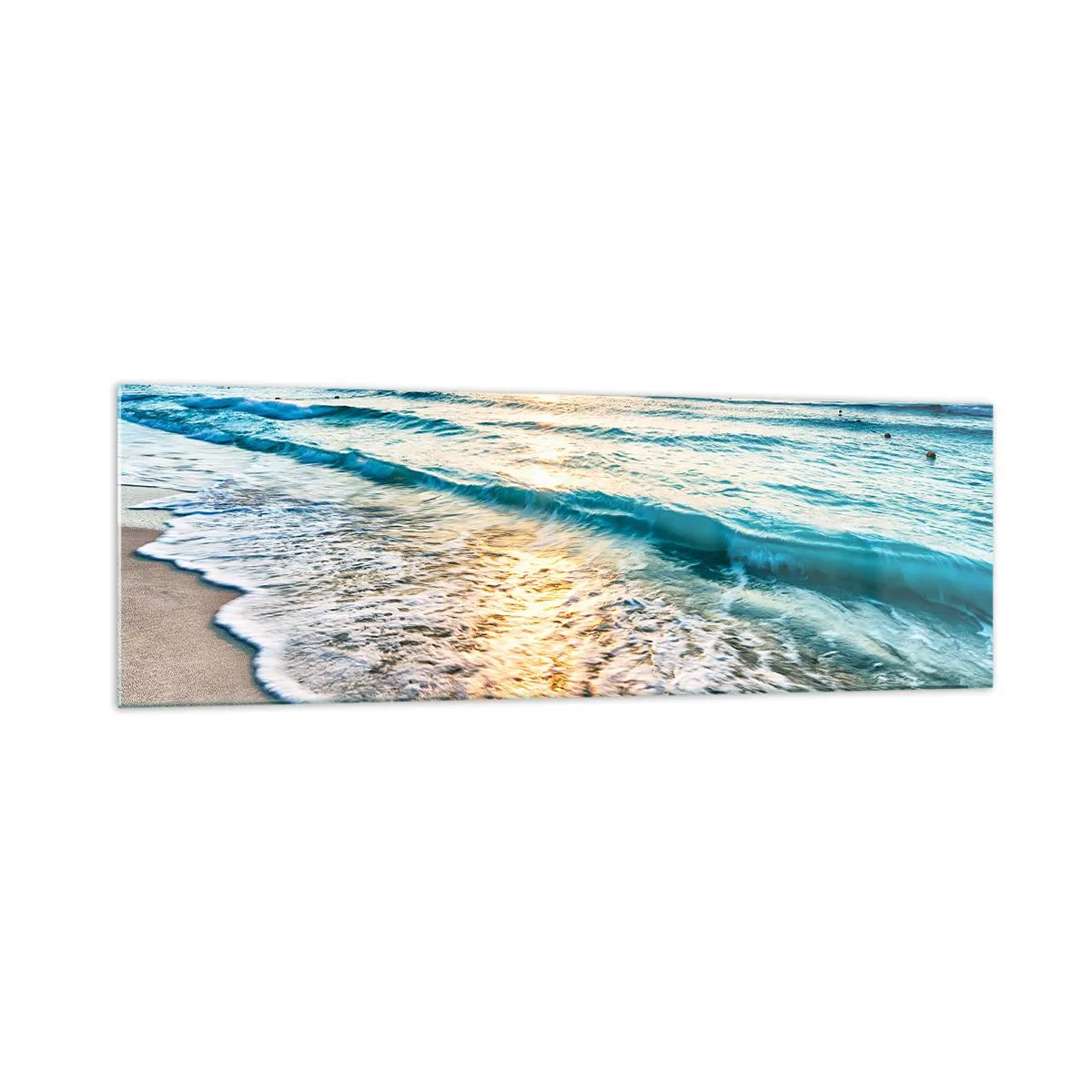 Cuadro sobre vidrio - Impresiones sobre Vidrio - Amanecer sobre una playa tranquila con olas. - 160x50cm - Un espectáculo digno de ver - Decoración de pared moderna para salón y dormitorio ARTTOR