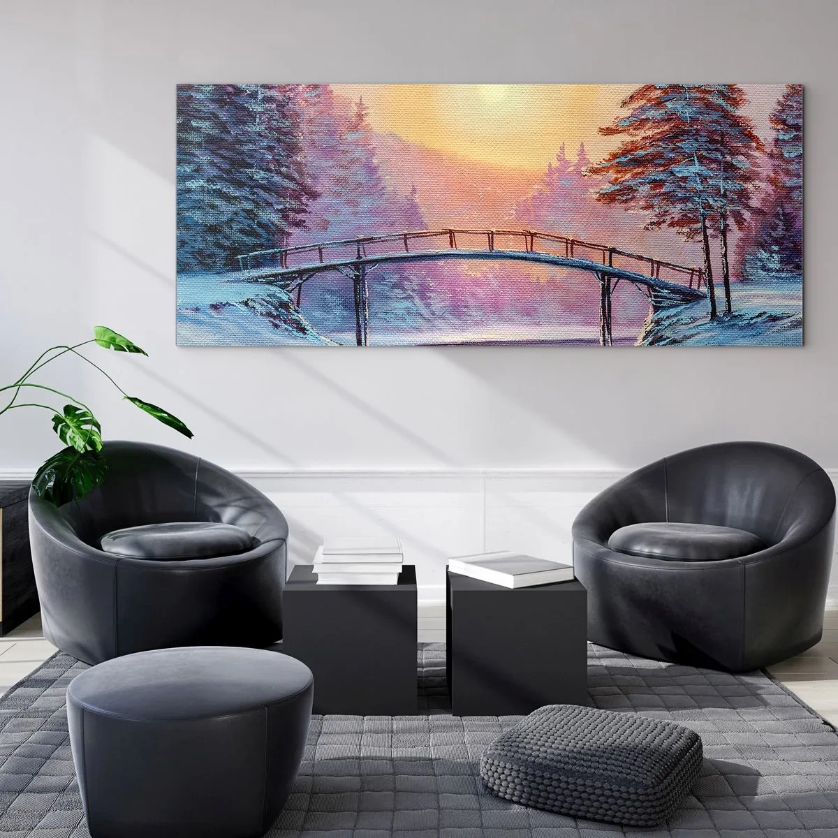 Cuadro sobre vidrio - Impresiones sobre Vidrio - Paisaje invernal con un puente iluminado por el atardecer. - 120x50cm - Las cuatro estaciones: el invierno - Decoración de pared moderna para salón y dormitorio ARTTOR