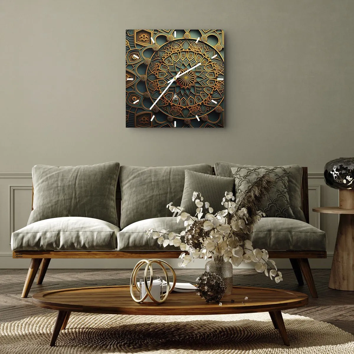 Reloj de pared - Reloj de vidrio - Un mandala dorado sobre un fondo turquesa con ricos detalles. - 30x30cm - En un clima árabe - Decoración de pared moderna para salón y dormitorio ARTTOR