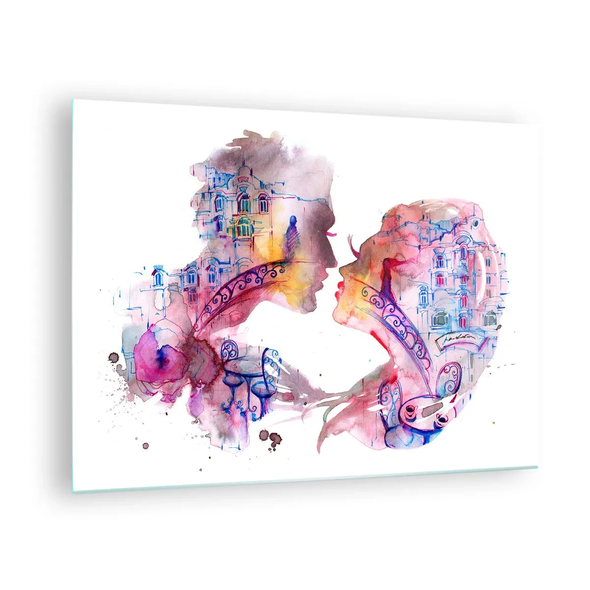 Cuadro sobre vidrio - Impresiones sobre Vidrio - Ilustración de un retrato abstracto de dos personas en forma de corazón. - 70x50cm - Un puente secreto de suspiros - Decoración de pared moderna para salón y dormitorio ARTTOR
