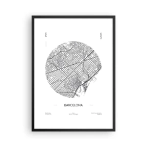 Póster en marco negro - Un mapa minimalista de Barcelona en blanco y negro. - 50x70cm - Anatomía de Barcelona - Decoración de pared moderna para salón y dormitorio ARTTOR