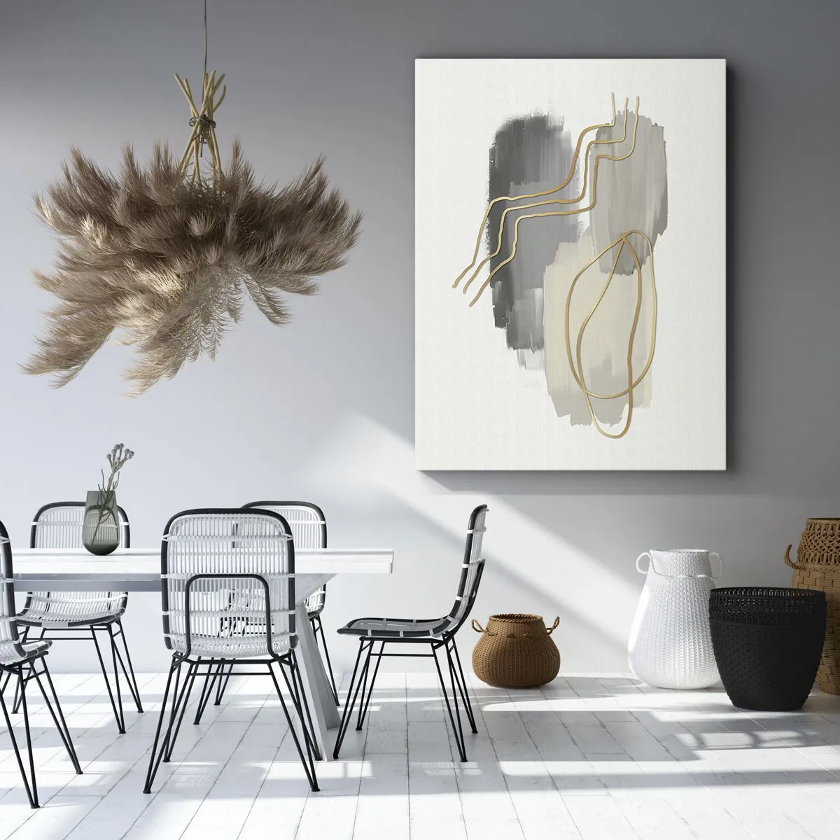Cuadro sobre lienzo - Impresión de Imagen - Líneas doradas abstractas sobre un fondo gris - 50x70cm - Persistencia y movimiento - Decoración de pared moderna para salón y dormitorio ARTTOR