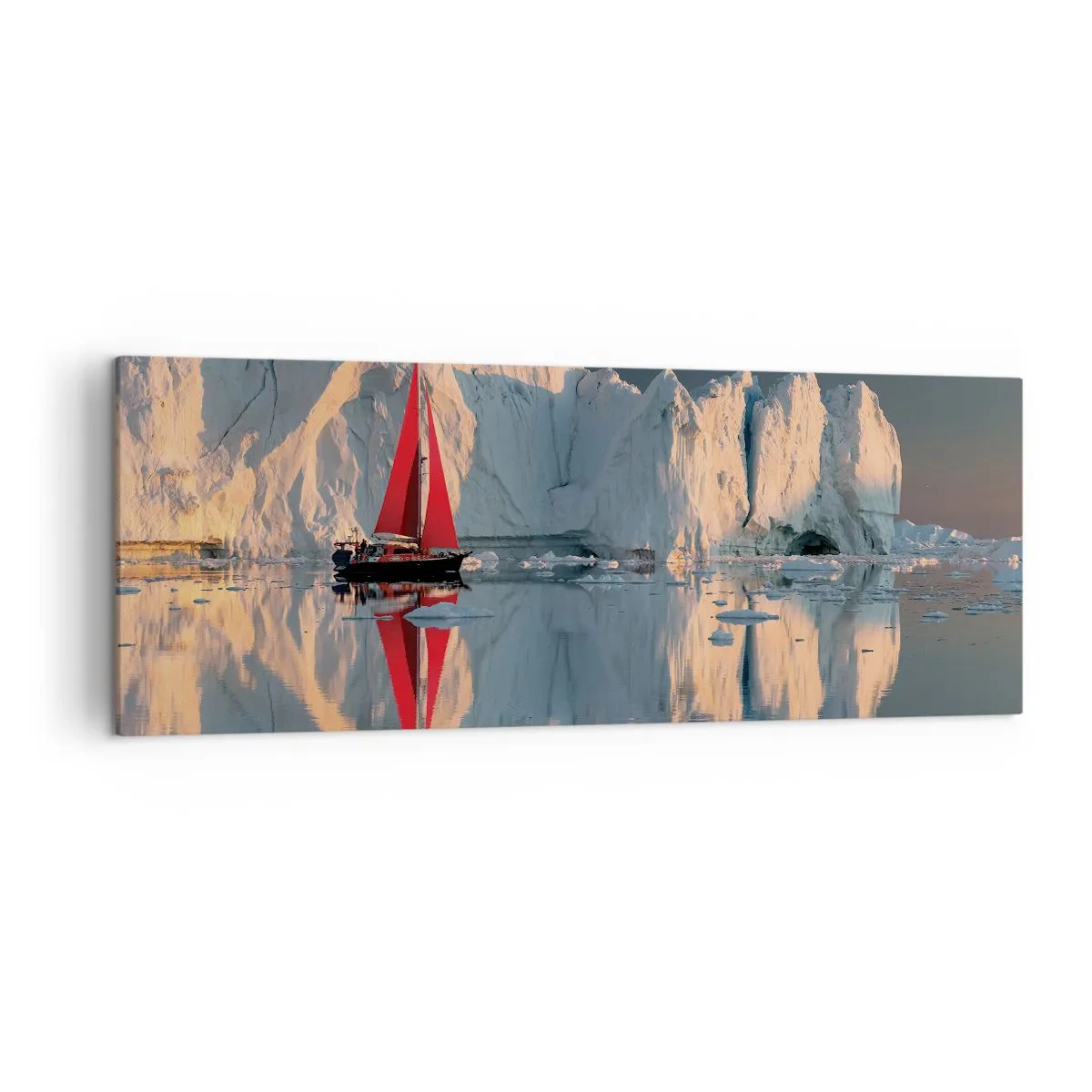 Cuadro sobre lienzo - Impresión de Imagen - Un velero con una vela roja con el fondo de un glaciar. - 140x50cm - En el límite del mundo - Decoración de pared moderna para salón y dormitorio ARTTOR