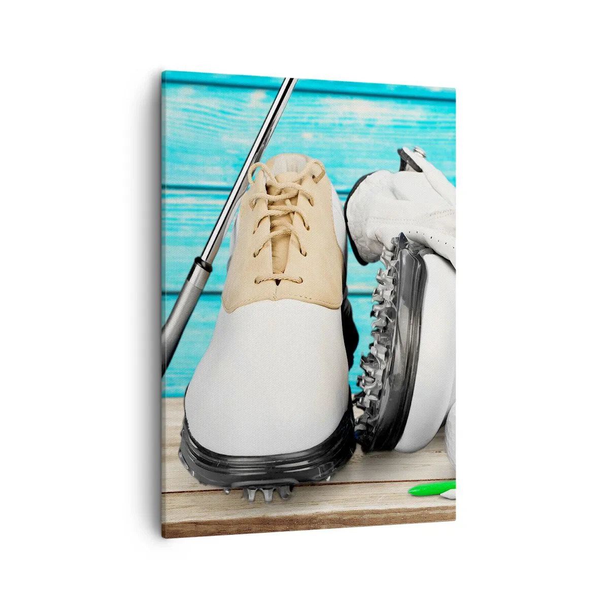 Cuadro sobre lienzo - Impresión de Imagen - Un conjunto de accesorios de golf sobre un fondo de madera. - 50x70cm - Todo listo - Decoración de pared moderna para salón y dormitorio ARTTOR