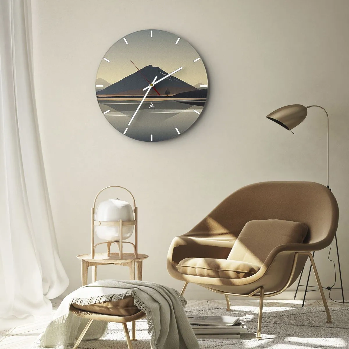Reloj de pared - Reloj de vidrio - Una montaña sobre un lago en luz pastel con reflejo en el agua. - 30x30cm - Reflejo de espejo - Decoración de pared moderna para salón, cocina y dormitorio ARTTOR