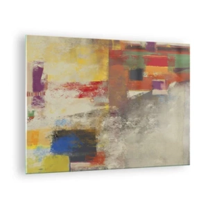 Cuadro sobre vidrio - Impresiones sobre Vidrio - Abstracción colorida con formas geométricas. - 70x50cm - Geometría de color - Decoración de pared moderna para salón y dormitorio ARTTOR