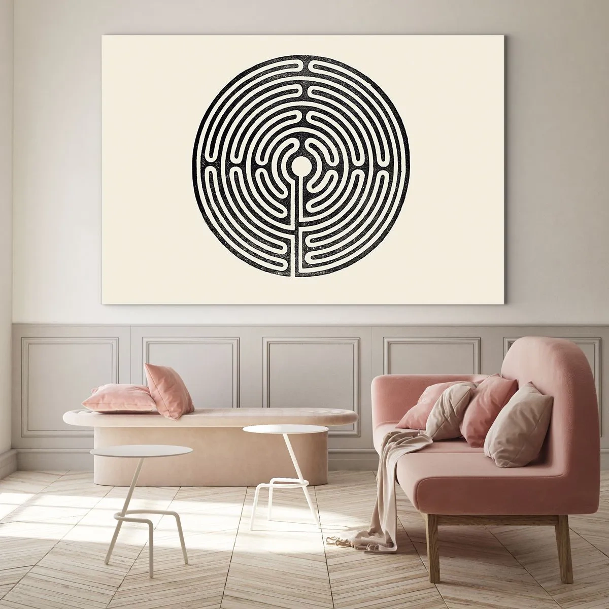 Cuadro sobre vidrio - Impresiones sobre Vidrio - Un laberinto en blanco y negro en forma circular sobre un fondo claro. - 70x50cm - Orden misterioso - Decoración de pared moderna para salón y dormitorio ARTTOR