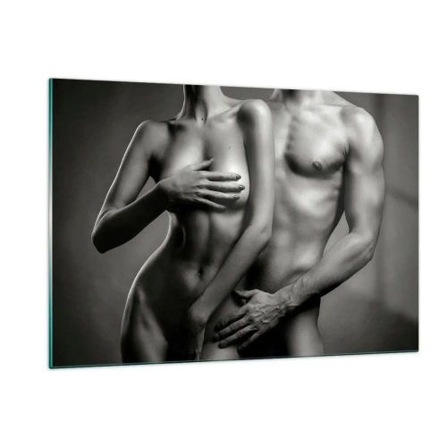 Cuadro sobre vidrio - Impresiones sobre Vidrio - Composición en blanco y negro con siluetas desnudas de una pareja. - 120x80cm - Adán y Eva - Decoración de pared moderna para salón y dormitorio ARTTOR