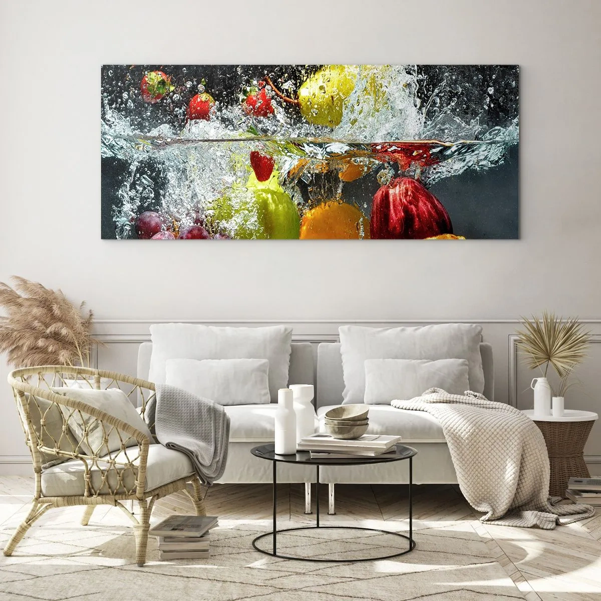 Cuadro sobre vidrio - Impresiones sobre Vidrio - Frutas coloridas en el agua durante la inmersión dinámica. - 160x50cm - Refresco afrutado - Decoración de pared moderna para salón y dormitorio ARTTOR