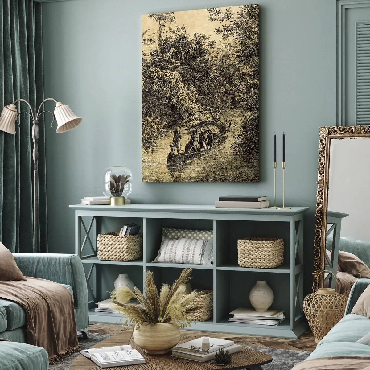 Cuadro sobre lienzo - Impresión de Imagen - Dibujo de una jungla con un barco en un río. - 50x70cm - Expedición a la fuente - Decoración de pared moderna para salón y dormitorio ARTTOR
