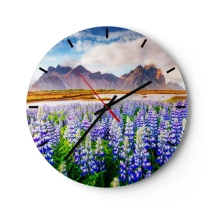 Reloj de pared - Reloj de vidrio - Paisaje con campos de flores y montañas al fondo. - 30x30cm - La fuerza y la severidad junto a la dulzura - Decoración de pared moderna para salón, cocina y dormitorio ARTTOR